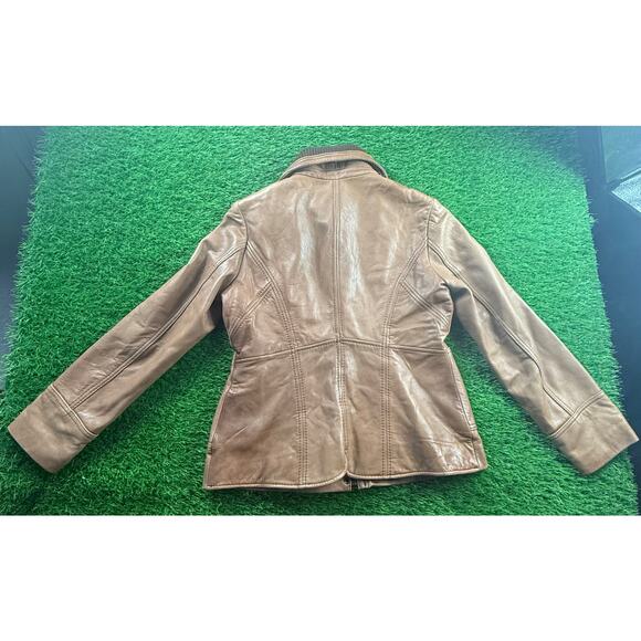 Jones New York Genuine Leather Jacket Women L Camel Tan Zip Moto Bomber Coat - Picture 2 of 10